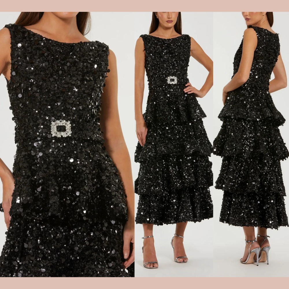NWT IEENA Mac Duggal [ 16 ] 27733 Sequin Ruffle Midi Dress with Belt Black S2172